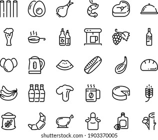 Food line icon set - dish dome, spike, watermelon piece, shrimp, lemoncello, grape, ketchup, beer glass, croissant, cheese, coffe maker, meat, chicken leg, pan, apron, eggs, yolk, kettle, coffee cup