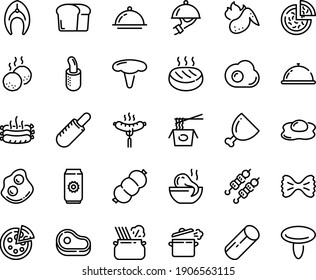Food line icon set - dish dome, meat, pizza, french hot dog, octopus soup, chinese pasta, kebab, in pan, sausage on fork, omelette, ham, roasted sausages, fish steak, cutlet, meatballs, chicken wing