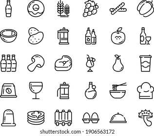 Food line icon set - dish dome, funchose, olive oil, wine, spike, ketchup, donut, glass, french press, pancakes, coffee to go, irish, capsule, meat, ribs, chef hat, egg stand, baguette, beer bottle