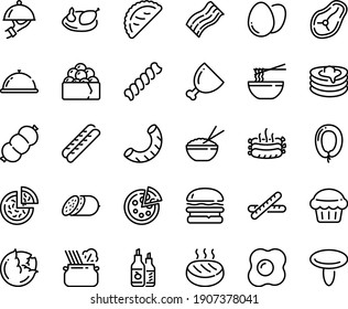 Food line icon set - dish dome, burger, pizza, rice bowl, funchose, gunkan, calsone, pasta in pan, salami, ketchup, sausage, baguette, pancakes, ham, chicken, roasted sausages, cutlet, steak, egg