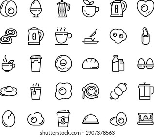 Food line icon set - dish dome, green tea, hot, coffee to go, donut, french dog, bakery, butter knife, cup, press, top view, pot, milk bootle and pack, sausage, kettle, egg stand, broaken, omelette