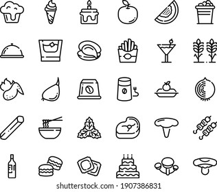 Food line icon set - dish dome, french fries, ice cream, funchose, oyster, kebab, ravioli, charlotte cake, coffee mill, capsule, meat, hot chicken wing, cocktail, wine bottle, whiskey, bucket, big