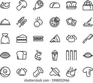 Food line icon set - dish dome, sandwich, burito, pizza piece, lunch box, dim sum, shrimp, kebab, gunkan, dough and rolling pin, ravioli, ham, fried chicken, donut, meringue, butter knife, meatballs