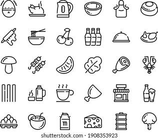 Food line icon set - dish dome, cafe, funchose, chinese chicken, kebab, lobster, cheese, ham, milk tank, coffee cup, rolling pin, apron, egg pack, timer, kettle, thermo flask, coconut cocktail, beer