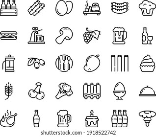 Food line icon set - dish dome, spike, beer, sandwich, tea ceremony, olives, grape, wine, sausages, mug, fried chicken, cupcake, ribs, fork spoon knife plate, egg, stand, french press, cake, bottle