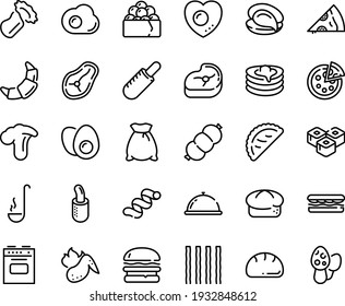 Food line icon set - dish dome, burger, sandwich, pizza piece, french hot dog, oyster, sushi roll, gunkan, calsone, bread, croissant, pancakes, sausage, meat, steak, chicken wing, ladle, stove