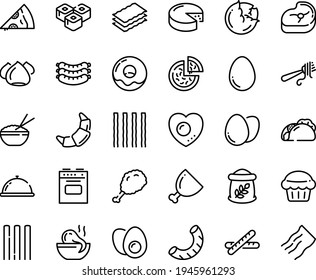 Food line icon set - dish dome, pizza, tacos, piece, fried chiken leg, rice bowl, octopus soup, sushi roll, fork with pasta, sausages, donut, croissant, cheese, meringue, ham, meat, stove, egg, love