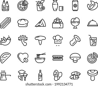 Food line icon set - dish dome, sandwich, pizza, piece, hot pepper, funchose, sashimi, rice vodka, gunkan, chef hat, calsone, bread, dog, ketchup, ice cream, coffee love, turkish, wine bottle, chili