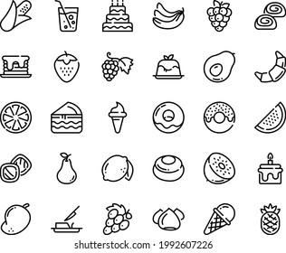 Juego de iconos de línea de alimentos - donut, cuerno de helado, panna cotta, uva, cruasán, merengue, panadería, cuchillo de mantequilla, vidrio soda, pastel, grande, panqueque, pieza, galletas, tarta de queso, maíz, banana, cítrico, limón