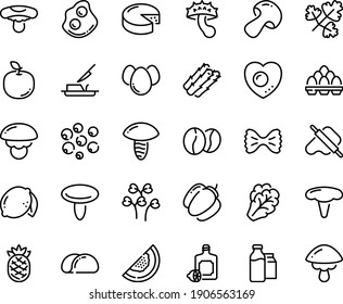 Food line icon set - dough and rolling pin, lemoncello, omelette, cheese, butter knife, coffee beans, milk bootle pack, eggs, love egg, tacos bread, asparagus, arugula, mushroom, bell pepper, lemon