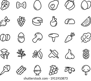 Food line icon set - dough and rolling pin, olives, olive oil, cheese, coffee tree, beans, egg, stand, broaken, tacos bread, carrot, beet, asparagus, arugula, mushroom, bell pepper, salad leaf, dill