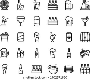 Food line icon set - drink, grape, wine, beer mug, box, barrel, glass, champagne, irish coffee, cocktail, soda, coconut, bottle, ice bucket, cup, aluminium, pack, foam, tap, bottles