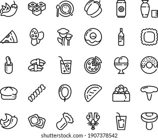 Food Line Icon Set - Drink, Pizza Piece, Hot Pepper, Donut, Sashimi, Sushi Roll, Rice Vodka, Lobster, Gunkan, Calsone, Ravioli, Bread, Sausage, Ice Cream, French Dog, Coffee Top View, Wine Bottle