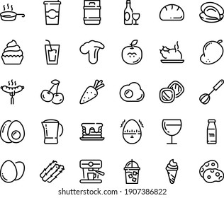 Food line icon set - drink, ice cream, oyster, chinese chicken, wine, sausage on fork, glass, cupcake, iced coffee, to go, machine, pot, pan, whisk, egg, omelette, eggs yolk, timer, milk bottle