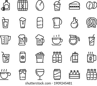 Food line icon set - drink, to go, lemoncello, olive oil, coffee cup, beer mug, pretzel, box, wine glass, cocktail, beans, pot, beaker, broaken egg, french press, soda, paper, ice bucket, sanwich