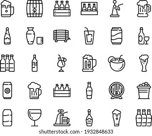 Juego de iconos de línea de alimentos - bebida, vodka de arroz, vino, taza de cerveza, caja, barril, vidrio, champán, café irlandés, soda, cóctel de coco, botella, cubo de hielo, aluminio, envase, espuma, grifo, botellas