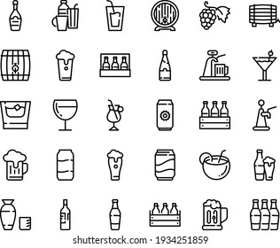 Food line icon set - drink, rice vodka, grape, beer box, barrel, champagne, wine glass, irish coffee, drinks, cocktail, soda, mug, coconut, bottle, whiskey, cup, aluminium, pack, tap, bottles