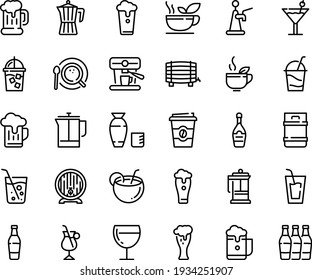Food line icon set - drink, coffee to go, green tea, rice vodka, beer mug, barrel, glass, champagne, wine, cocktail, french press, iced, top view, pot, irish, machine, coconut, soda, cup, bottle