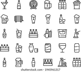 Food line icon set - drink, rice vodka, wine, beer mug, box, barrel, glass, champagne, drinks, cocktail, soda, bottle, whiskey, ice bucket, cup, aluminium, pack, foam, tap, bottles