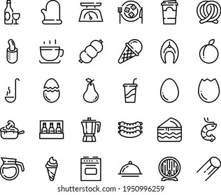 Food line icon set - drink to go, ice cream, shrimp, coffee pot, cup, wine, sausages, pretzel, beer barrel, cheese plate, french hot dog, julienne, sausage, fish steak, cooking glove, dish dome, egg