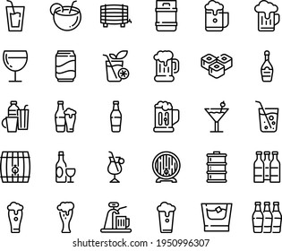 Food line icon set - drink, sushi roll, wine, beer mug, barrel, glass, champagne, irish coffee, drinks, cocktail, soda, coconut, whiskey, smoothies, cup, bottle, keg, foam, tap, bottles
