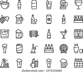 Food line icon set - drink, rice vodka, grape, wine, beer mug, barrel, glass, drinks, cocktail, soda, champagne, coconut, bottle, whiskey, cup, aluminium, pack, box, foam, tap, bottles