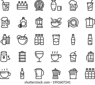 Food line icon set - drink to go, rice vodka, lemoncello, coffee cup, beer mug, box, barrel, wine glass, cocktail, french press, mill, top view, pot, drinks, green tea, milk bottle, coconut, soda