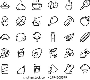 Food line icon set - drink, watermelon piece, hot dog, fried chiken leg, chinese pasta, olive oil, coffee cup, charlotte cake, cocktail, beans, ham, broaken egg, soda, milk bottle, smoothies, beet