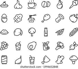 Food line icon set - drink, watermelon piece, hot dog, fried chiken leg, chinese pasta, olive oil, coffee cup, charlotte cake, cocktail, beans, ham, broaken egg, soda, milk bottle, smoothies, beet