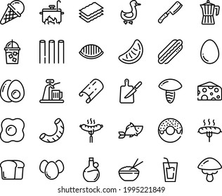 Food Line Icon Set - Drink, Donut, Rice Bowl, Fish, Cheese, Olive Oil, Ice Cream, Sausage On Fork, Hot Dog, Goose, Iced Coffee, Pot, Knife Board, Cooking, Chef, Egg, Eggs, Omelette, Yolk, Bread, Cep