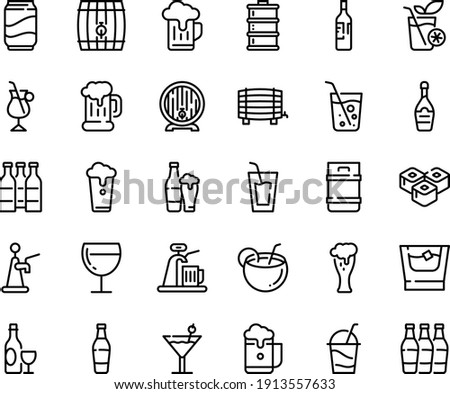 Food line icon set - drink, sushi roll, wine, beer mug, barrel, glass, champagne, cocktail, irish coffee, soda, coconut, bottle, whiskey, smoothies, cup, keg, foam, tap, bottles