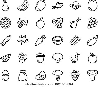 Food line icon set - fish, grape, acorn, goose, broaken egg, yolk, flour bag, carrot, asparagus, peas, onion, eggplant, squash, citrus, plum, raspberry, coconut, pear, mango, apple fruit, parsley