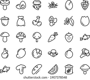 Juego de iconos de línea de alimentos - pescado, almeja, aceite de oliva, bellota, árbol de café, huevo brocado, yema, pan, bolsa de harina, zanahoria, col, brócoli, cereza, fresa, ciruela, frambuesa, melón, mango, vainilla, shiitake