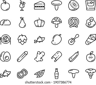 Food line icon set - fish, temaki, pizza roll knife, pretzel, omelette, cheese plate, irish coffee, eggs yolk, whiskey, sanwich, tacos bread, cookies, beer bottle, hop, peas, pumpkin, squash, pear