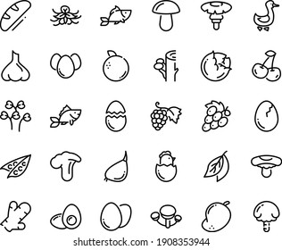 Juego de iconos de línea de alimentos - pescado, uva, ganso, huevo, brocado, pollo, huevos, yema, pan, guisantes, col, ajo, cereza, naranja, mango, jengibre, vainilla, hoja de laurel, copo, shiitake, agaric, boleto, lactariado