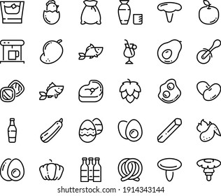 Food line icon set - fish, rice vodka, pizza roll knife, pretzel, omelette, coffe maker, irish coffee, meat, hot chicken wing, eggs yolk, chick egg, easter, whiskey, flour bag, cookies, beer bottle