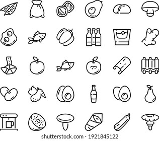 Food line icon set - fish, fortune cookie, temaki, omelette, coffe maker, ribs, hot chicken wing, eggs yolk, whiskey, flour bag, tacos bread, cookies, beer bottle, peas, bell pepper, beans, squash
