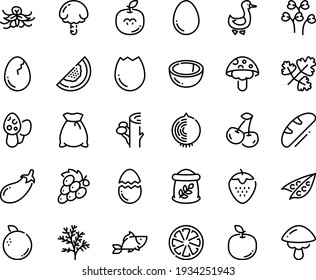 Food line icon set - fish, goose, egg, broaken, bread, flour bag, peas, eggplant, cherry, citrus, strawberry, coconut, melon, orange, grape, apple fruit, seeds, onion, vanilla, dill, parsley, cress