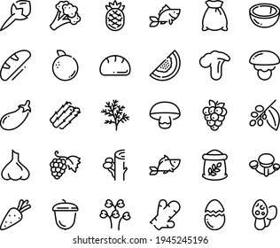 Food line icon set - fish, grape, acorn, coffee tree, broaken egg, bread, flour bag, carrot, asparagus, broccoli, eggplant, raspberry, coconut, melon, orange, pineapple, cloves, ginger, garlic, dill