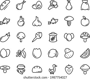Food line icon set - fish, clam, olive oil, goose, coffee tree, egg, broaken, eggs, yolk, bread, flour bag, potato, onion, broccoli, eggplant, strawberry, lemon, pear, melon, apple fruit, cloves