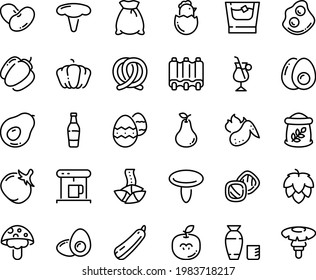 Food line icon set - fortune cookie, rice vodka, pretzel, omelette, coffe maker, irish coffee, ribs, hot chicken wing, chick egg, eggs yolk, easter, whiskey, flour bag, cookies, beer bottle, hop
