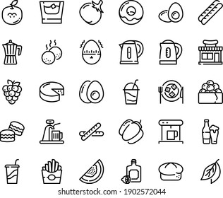 Food line icon set - french fries, cafe shop, drink to go, gunkan, lemoncello, bread, donut, baguette, cheese, cocktail, plate, coffe maker, coffee pot, meatballs, kettle, eggs yolk, egg timer, beer