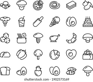 Food line icon set - french hot dog, sashimi, gunkan, pizza, pasta in pan, ice cream, croissant, cocktail, chicken leg, wing, eggs yolk, chick egg, love, bread, big cake, tacos, cabbage, bell pepper