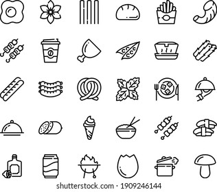 Food line icon set - french fries, coffee to go, ice cream, lunch box, rice bowl, sashimi, kebab, lemoncello, salami, sausages, pretzel, baguette, dish dome, cheese plate, ham, bbq, cooking pan