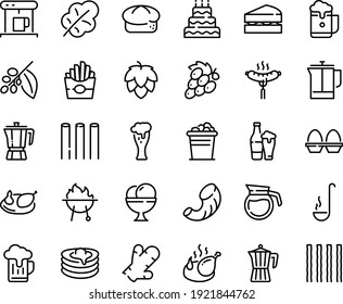 Food line icon set - french fries, coffee pot, sausage on fork, bread, beer glass, fried chicken, ice cream, pancakes, coffe maker, press, tree, bbq, ladle, egg stand, bucket, sanwich, big cake, hop