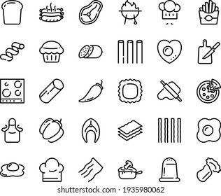 Food line icon set - french fries, chef hat, dough and rolling pin, pizza, salami, julienne, roasted sausages, fish steak, bbq, knife board, apron, stove top view, omelette, love egg, bread piece