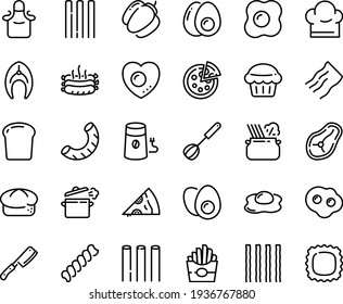 Food line icon set - french fries, pizza piece, pasta in pan, bread, coffee mill, roasted sausages, fish steak, chef hat, cooking, whisk, apron, knife, eggs yolk, omelette, love egg, muffin, fusilli