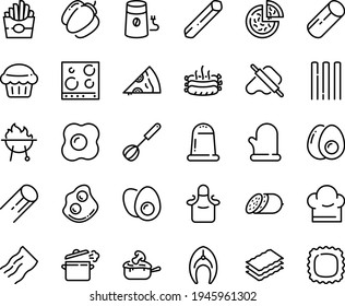 Food Line Icon Set - French Fries, Pizza, Piece, Dough And Rolling Pin, Salami, Omelette, Julienne, Coffee Mill, Roasted Sausages, Fish Steak, Bbq, Chef Hat, Cooking Pan, Whisk, Glove, Apron, Muffin