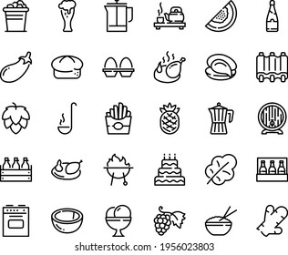 Food line icon set - french fries, rice bowl, tea ceremony, oyster, grape, bread, beer box, barrel, glass, fried chicken, ice cream, press, coffee pot, bbq, ribs, ladle, stove, egg stand, champagne