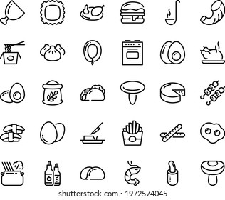 Food line icon set - french fries, tacos, dim sum, chinese pasta, sashimi, chicken, shrimp, kebab, in pan, ketchup, burger, sausage, cheese, hot dog, butter knife, ham, ladle, stove, egg, omelette